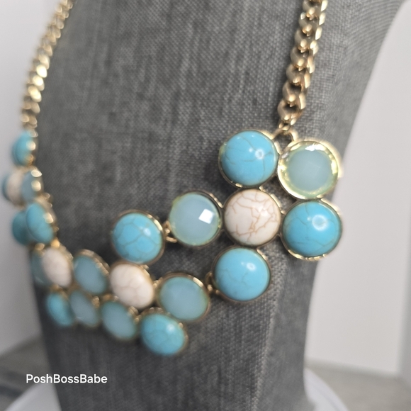 Turquoise Howlite & Aqua Statement Bib Necklace – Gold-Tone Chain - Picture 7 of 8
